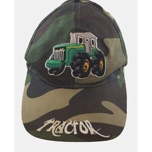 Boys Ocean Blue Adjustable Baseball Cap with Camo Background, Tractor Theme